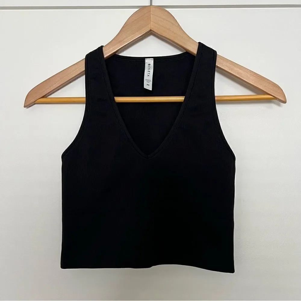 Athleta Tank Top Womens Size XS Black Crop Rib V-Neck Yoga Wicking